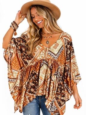 Boho Patchwork Tunic Top Womens 1X Flowy V Neck Festival Blouse NWT